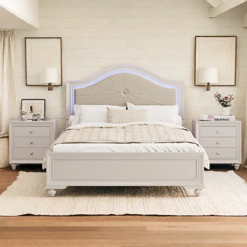 Modern Queen Size Wood Bed with Hidden LED Light Upholstered Curved Headboard, No Box Spring Needed, Cream Grey