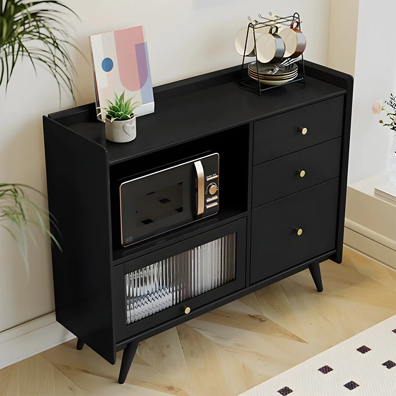 Modern Black Espresso Sideboard with Cabinets & Drawers