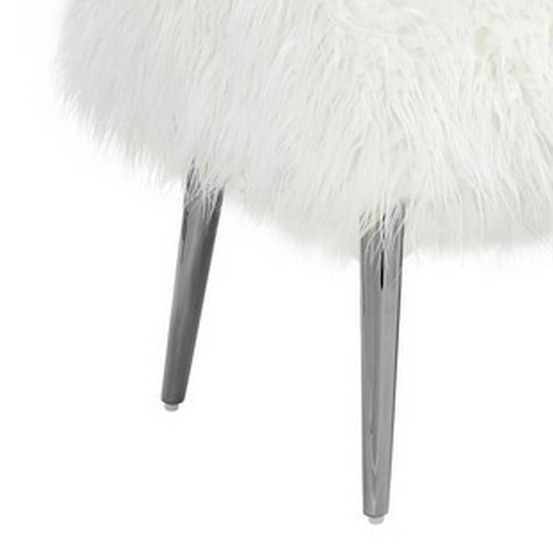 Ammy 45 Inch Bench with Foam Fill Seat, White Faux Fur, Silver Metal Legs