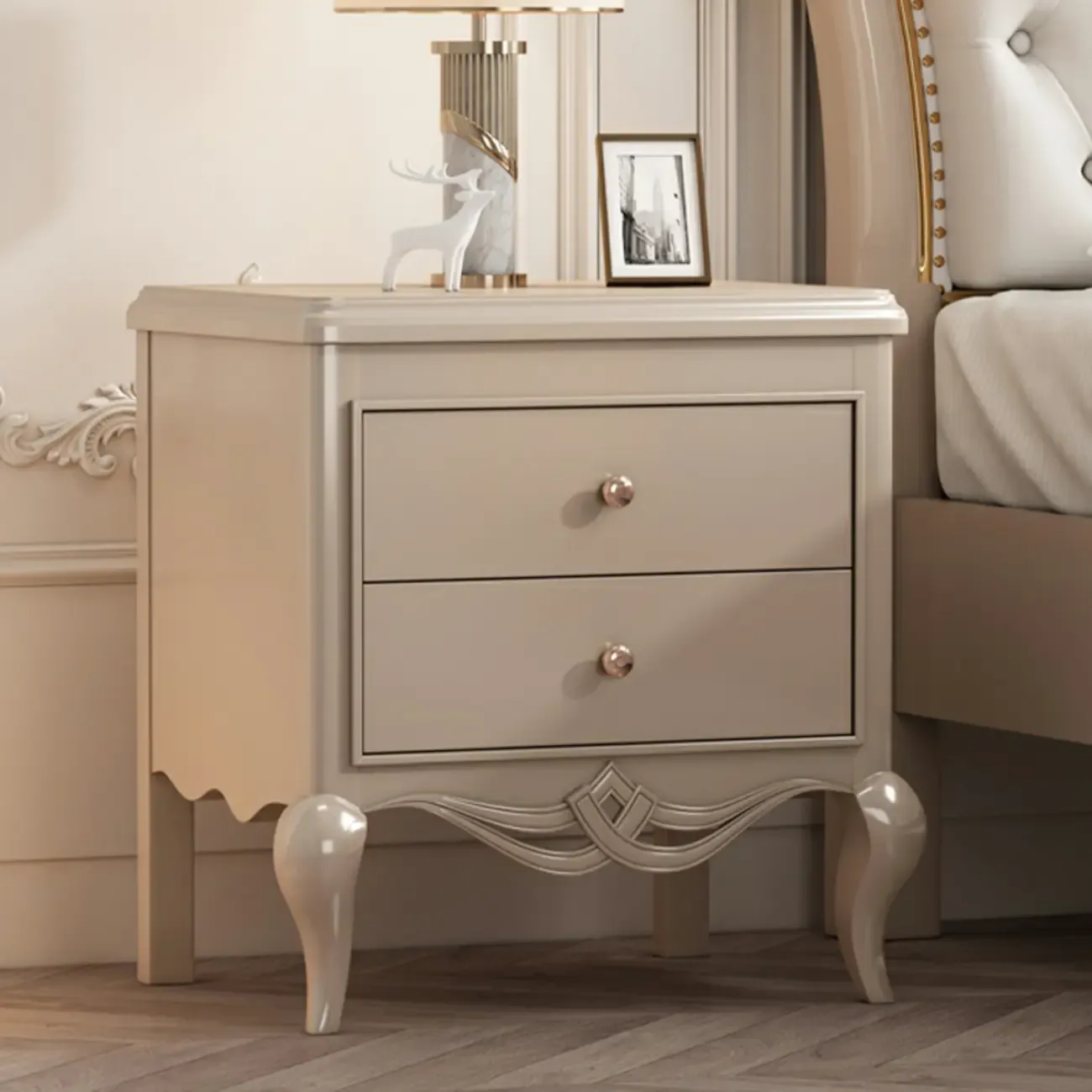 Glam Rubberwood White 2-Drawer Nightstand with Legs