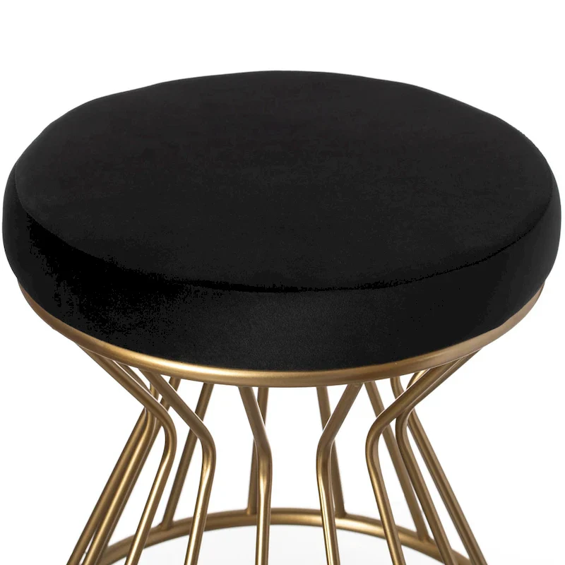 Round Velvet Ottoman Stool, Gray/Black, Gold Metal Base, Modern, 17.75