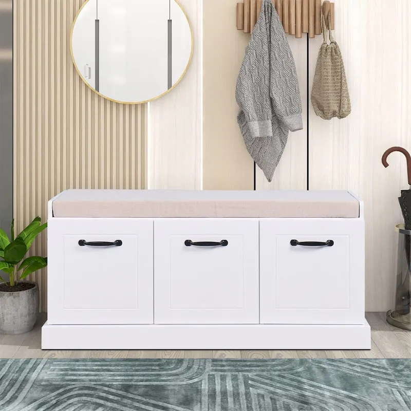 Minimalist Wooden Storage Bench with Seat Cushion, White