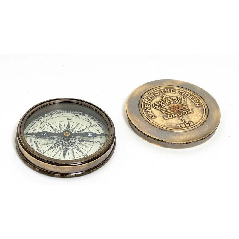 HomeRoots Brass Makers To The Queen Compass With Leather Case - 3' X '0.8' X '3