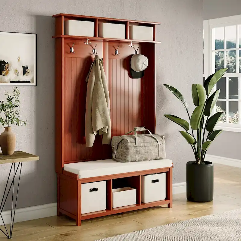 Solid Wood Hall Tree with Shoe and 2 Bin Storage