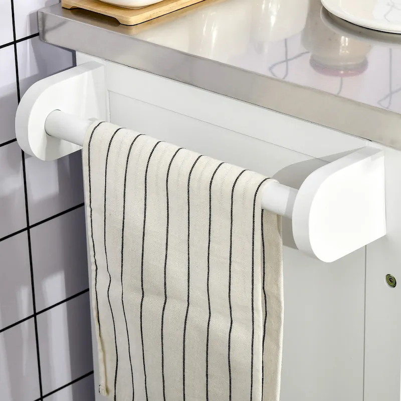 Kitchen Island on Wheels, Rolling Kitchen Cart with Stainless Steel Countertop, Drawer, Towel Rack and Spice Rack