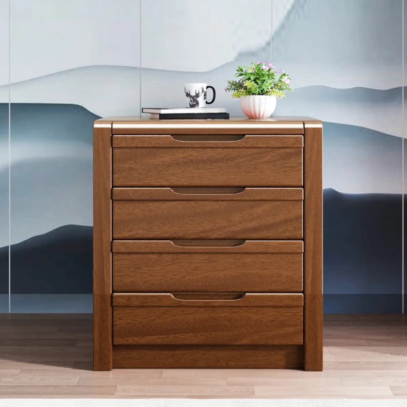 Freestanding Mid-Century Brown Solid Wood Cabinet with Drawers