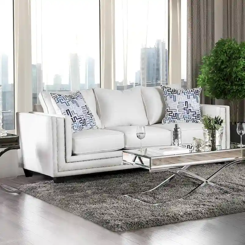 Contemporary White Chenille Nailhead Upholstered Sofa