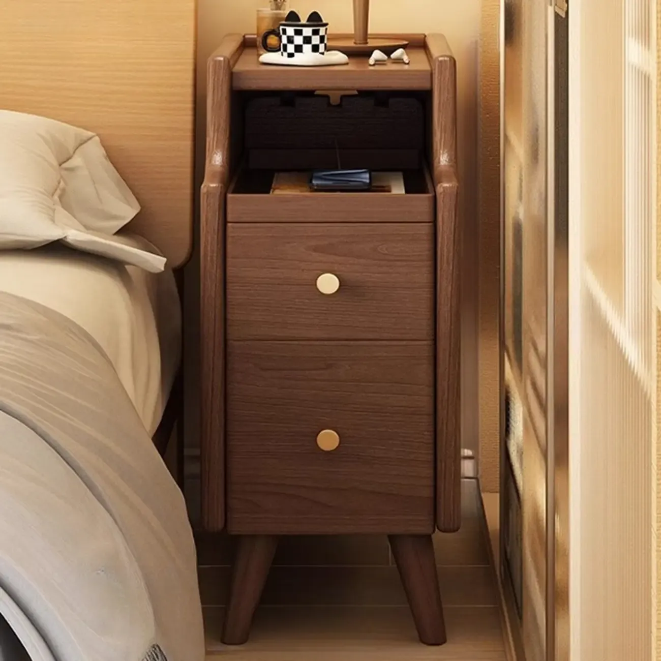 White Wood Narrow Nightstands with Drawers