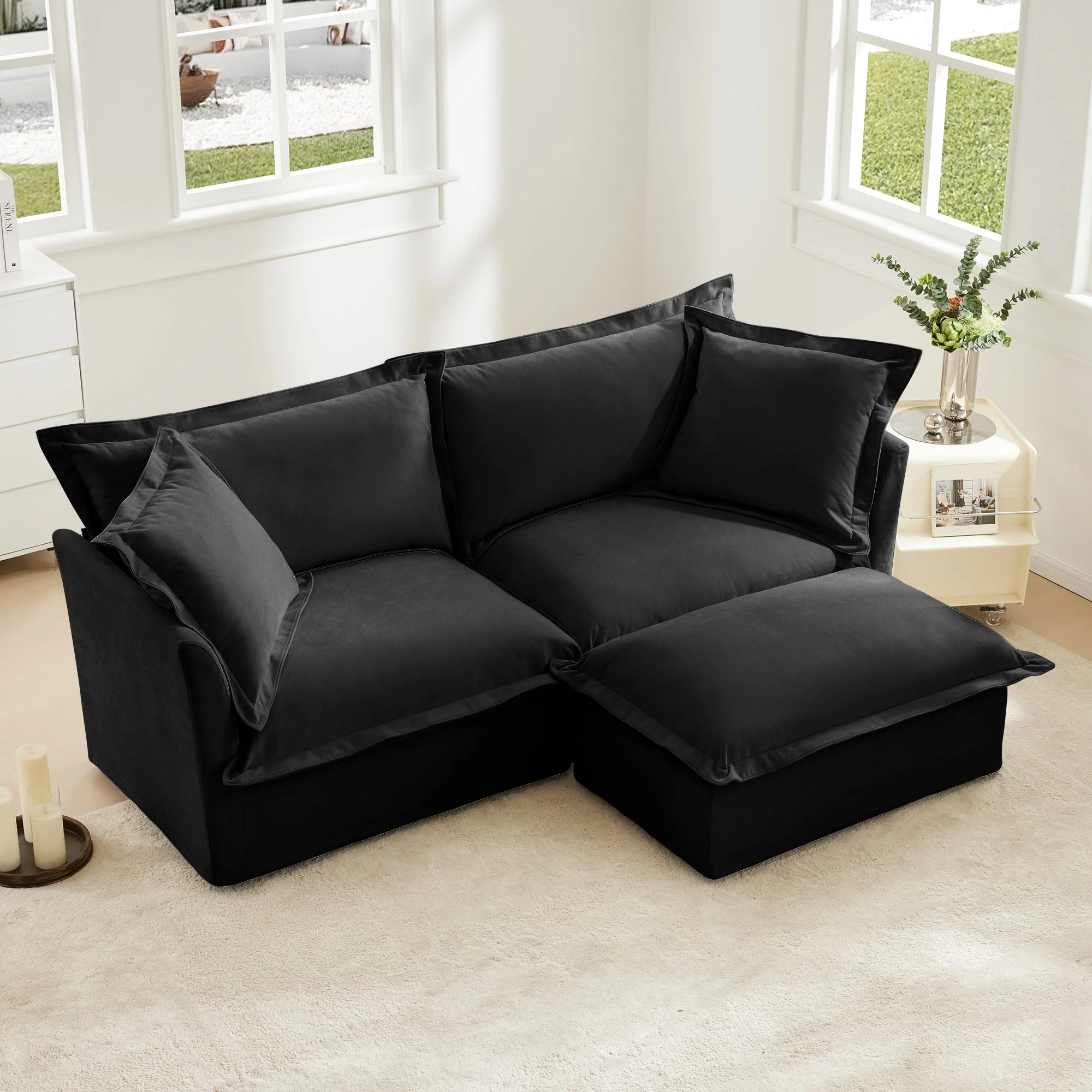 Walker Edison | Wide Deep Seat Slipcovered Black Loveseat Sofa with Ottoman