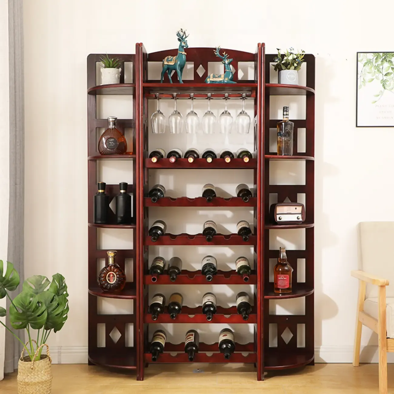 Free Standing Pine Wood Wine Racks with Bar Glass Holder Shelf