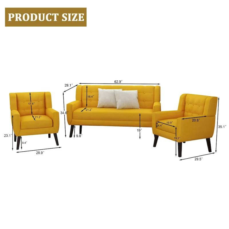 Tufted Linen/Cotton Loveseat with 2 Accent Chairs