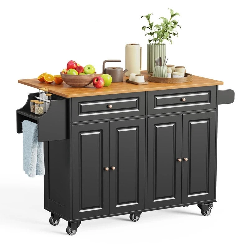 Kitchen Island Cart with Solid Wood Top and Locking Wheels