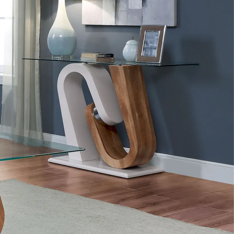 Tong Contemporary White and Natural Geometric Base 47-inch Glass Top Sofa Table by Strick & Bolton