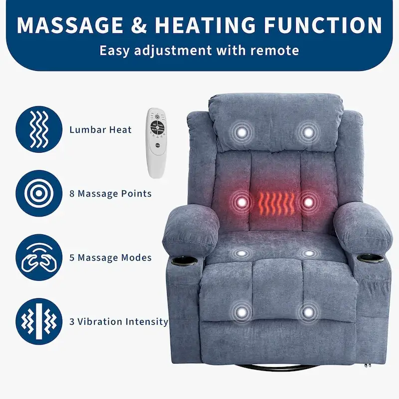 Recliner Chair, Rocking Chairs with Massage and Heat, Side Pockets and Cup Holder
