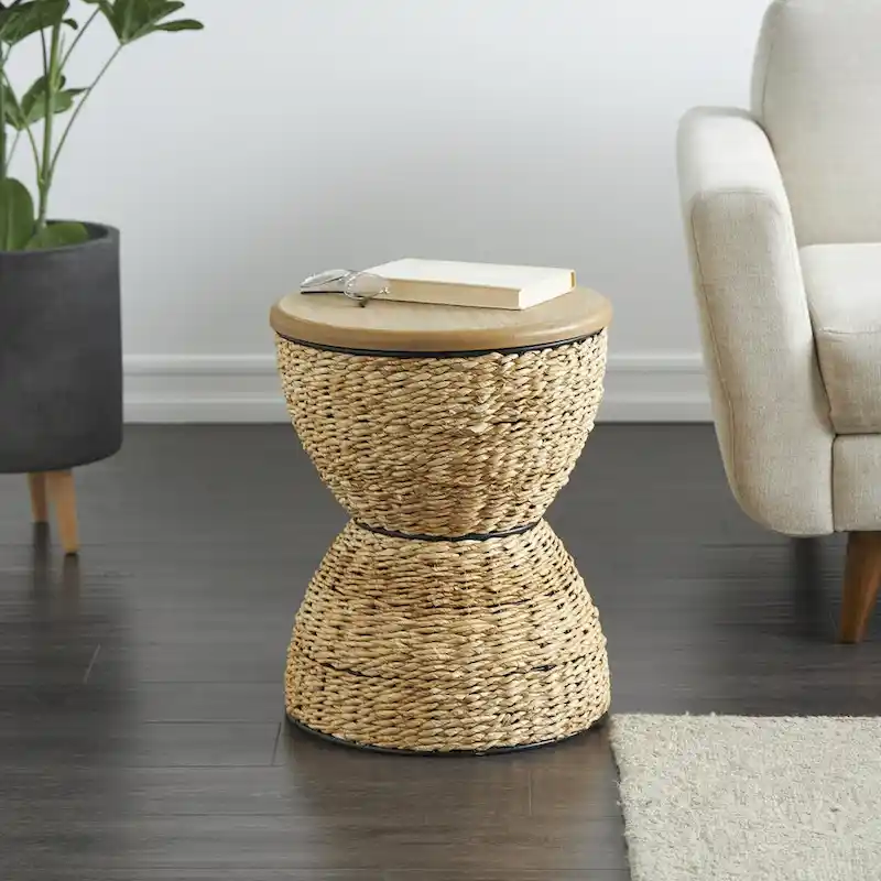 Rattan Handmade Woven Side End Accent Table with Wood Tabletop and Black Frame - Light Brown or Brown