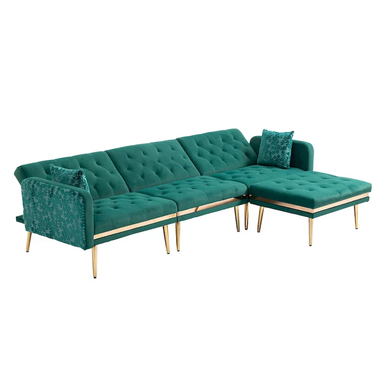 Polyester Upholstered Tufted Sleeper L-Shaped Sectional Sofa With Ottoman