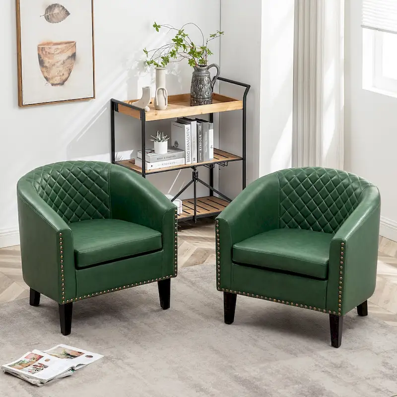 KINWELL 29 PU Faux Leather Club Armchair with Nailheads, Set of 2
