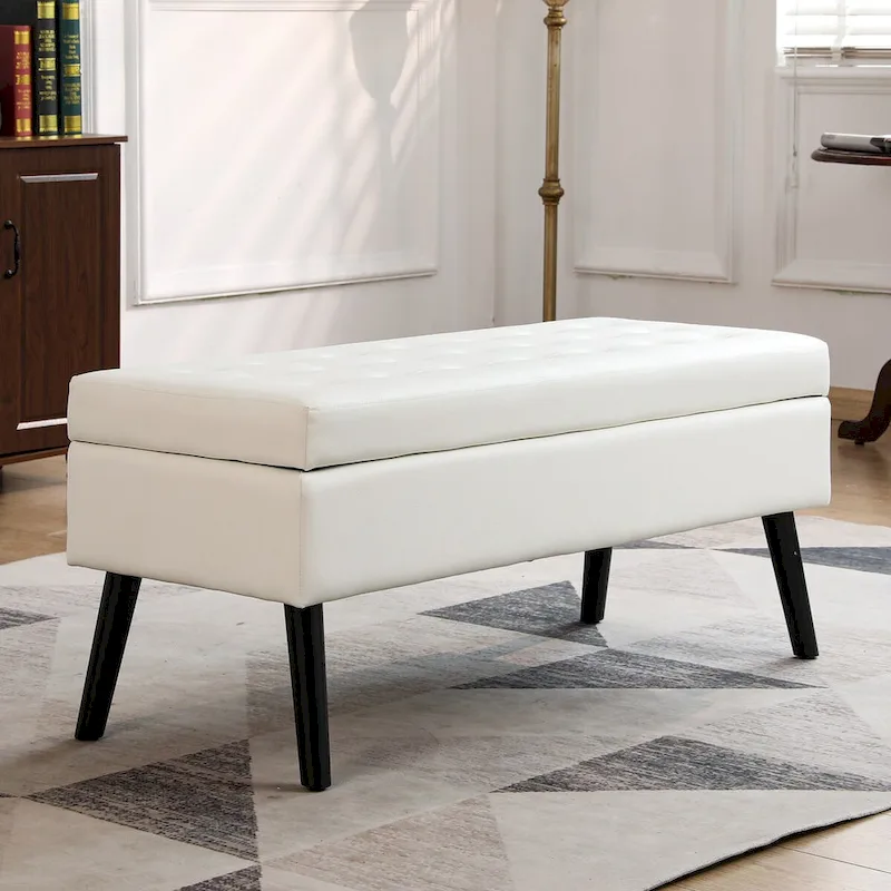 Storage Bench with Storage,End of Bed Bench,Entryway Bench,Storage Ottoman Bench 43.3 W x 17.7 White PU Leather Bench