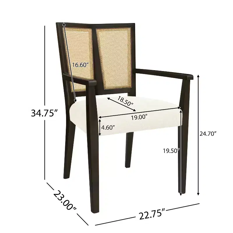 Beige/Dark Brown Upholstered Dining Arm Chairs with Rattan Back, Set of 2