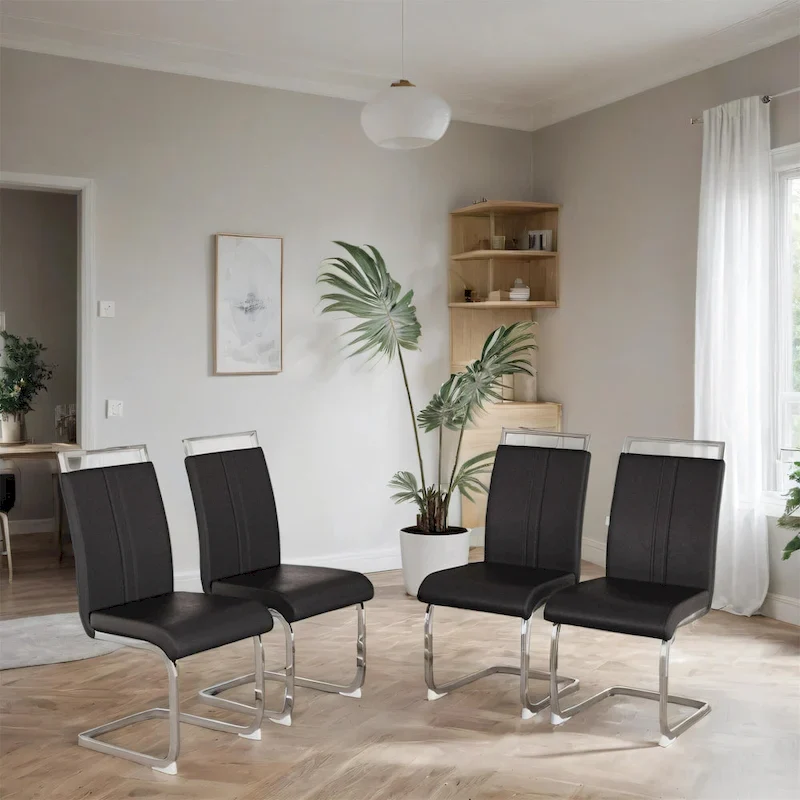 PU Leather High Back Upholstered Dining Chair w/ Metal Legs(Set of 4)