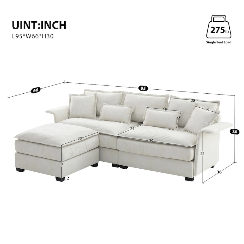 [VIDEO provided][New]95*66Oversized Luxury Sectional Sofa with Bentwood Armrests,4 seat Upholstered Indoor Furniture with Doubl