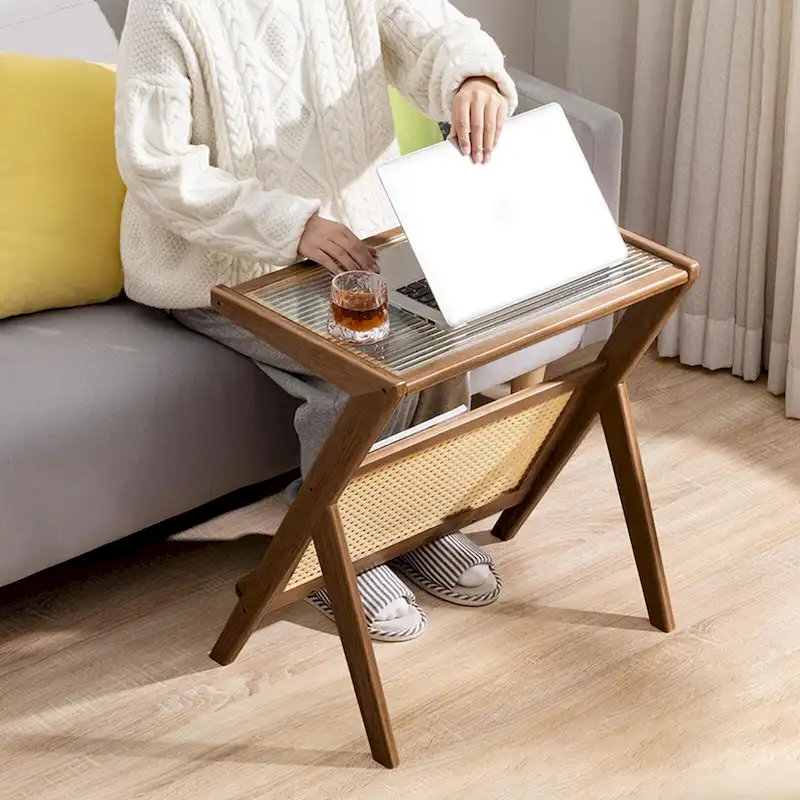 Bamboo Glass Top Side Table Accent End Table with Magazine Rack