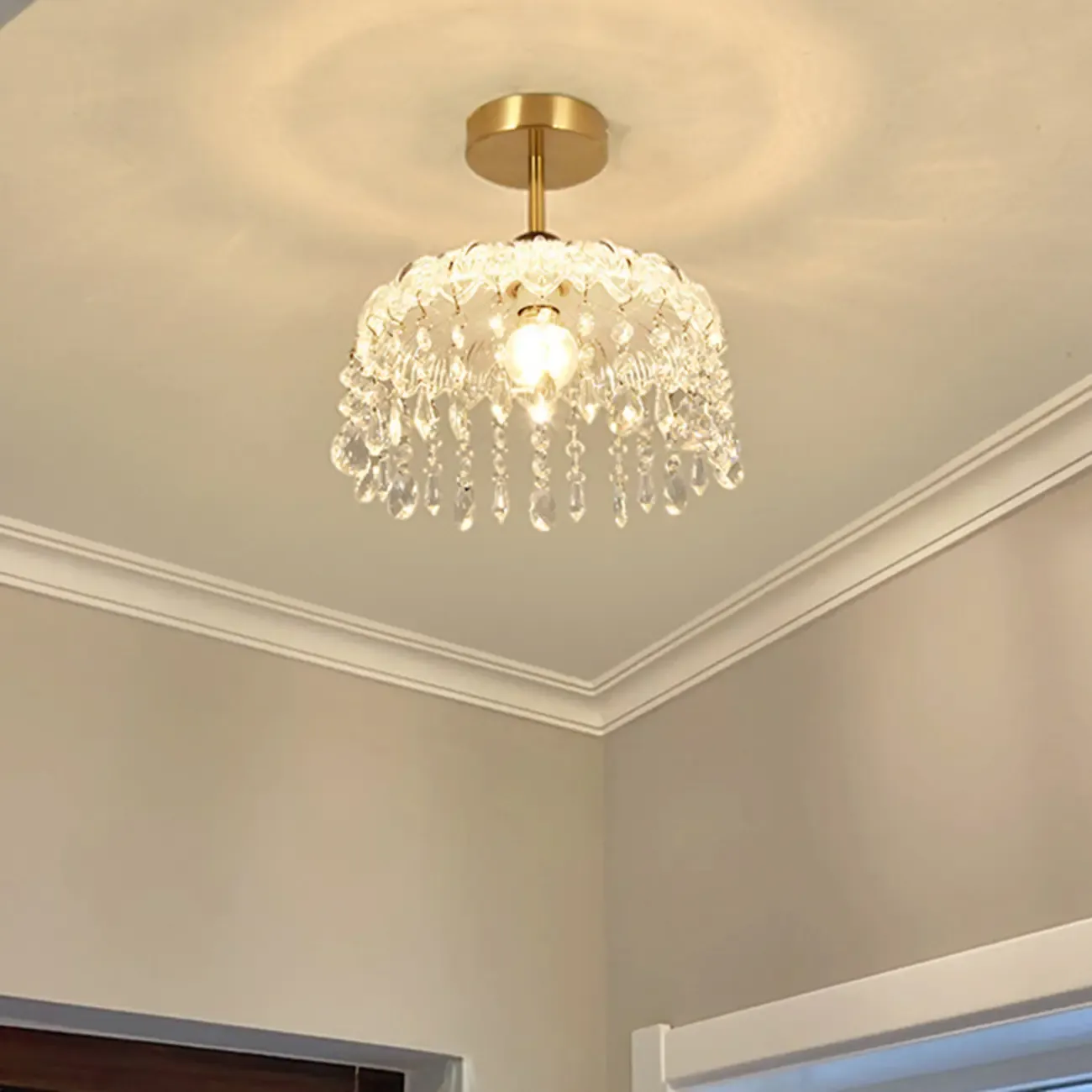 Mini 1 Light Gold Crystal Chandelier Semi Flush Ceiling Light