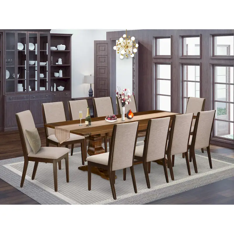 East West Furniture 11 Piece Dining Table Set- a Wooden Table and 10 Linen Fabric Upholstered Chairs(Finish Options)