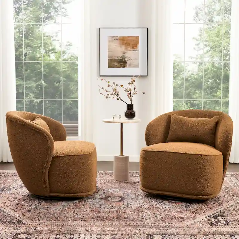 KINWELL 33 W Sherpa Boucle Upholstered Accent Swivel Chair (Set of 2)