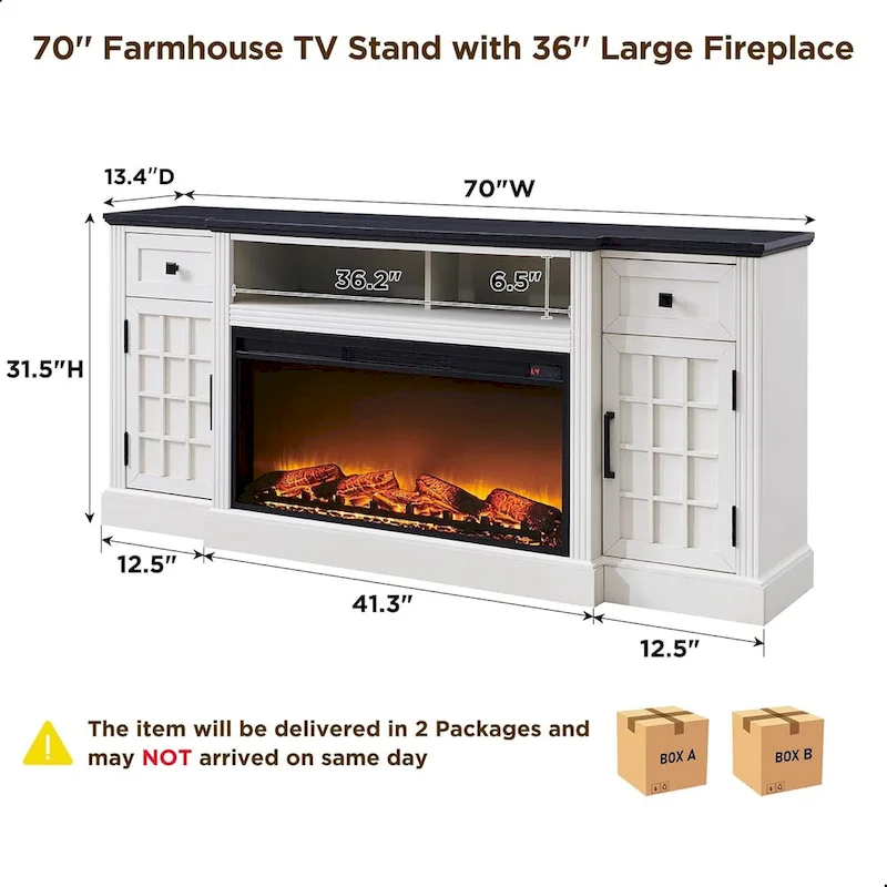 Black/Brown/White Farmhouse Electric Fireplace TV Stand, Fits 80