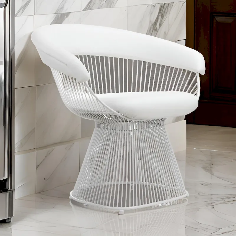 Coll 33 Inch Accent Chair, Slatted Metal Curved Back, White Faux Leather