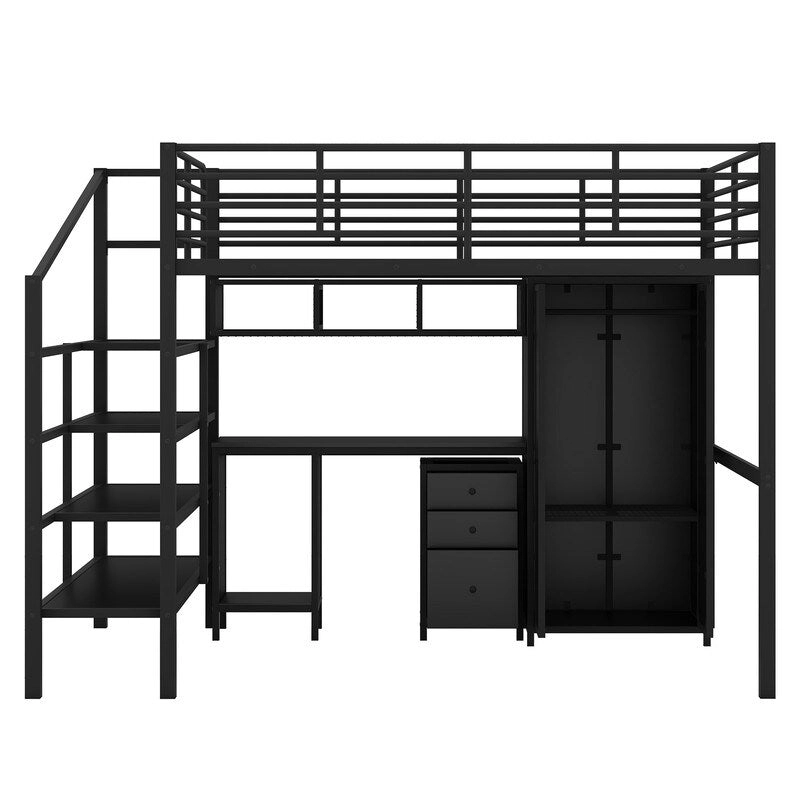 Metal Loft Bed With Wardrobe,Table,Drawer and 4-layers Ladder