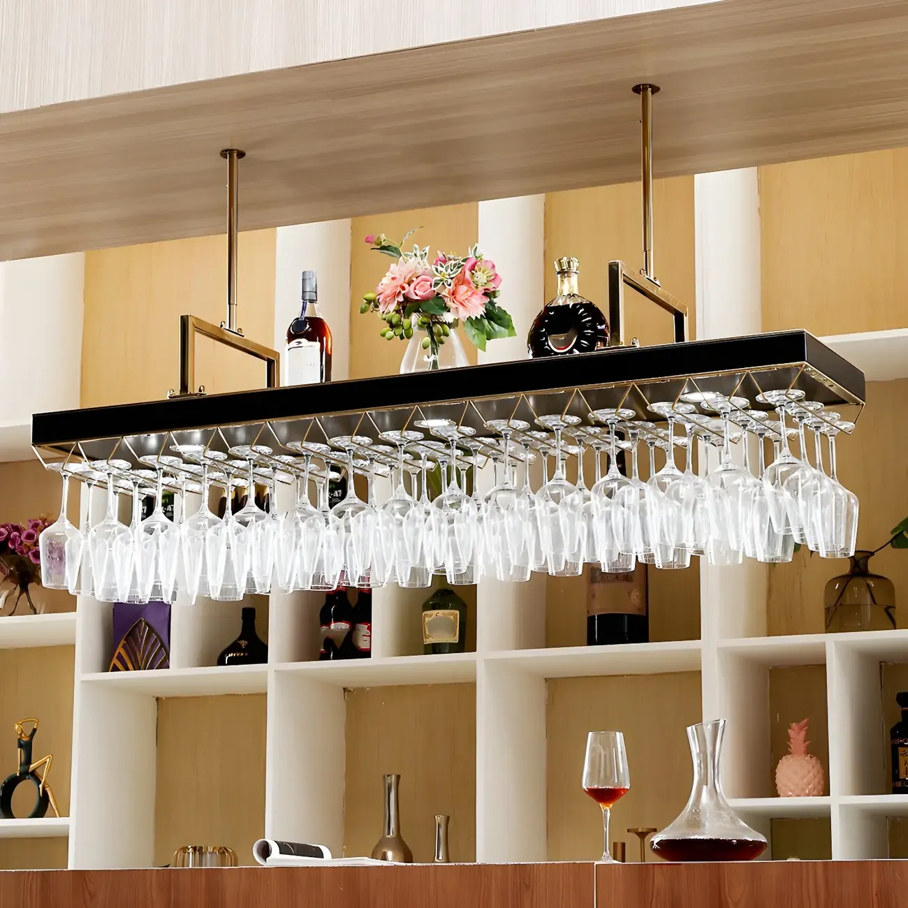 Elegant Black Hanging Wine Rack with Glass Holder