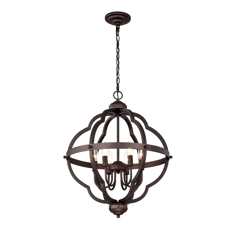 6-Light Brown/Black Round Iron Ceiling Lamp Chandelier with Brown Ringed
