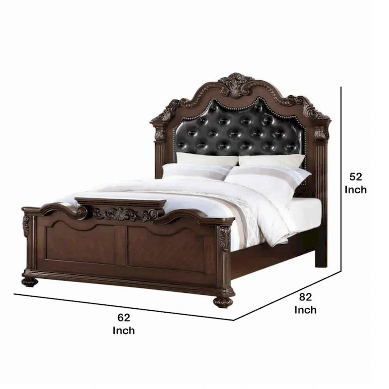 Dark Walnut Carved & Upholstered Wooden Queen Bed