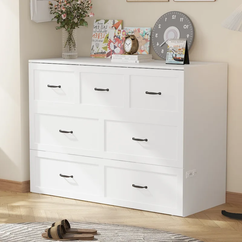 Modern Wood Full Murphy Bed Chest in White Finish Dresser 2-1 Cabinet