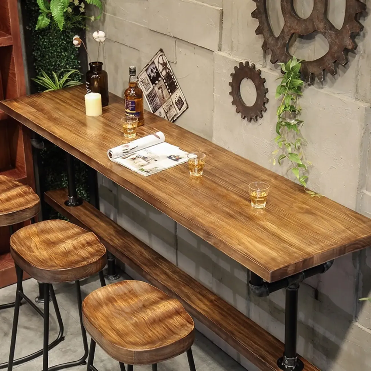 Rectangle Distressed Brown Wood Bar Table With Footrest
