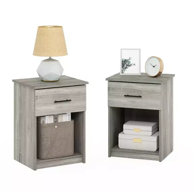 2PCS Mid-Century Nightstand Multipurpose End Table Accent Side Table W/Drawer & Open Storage Cube for Bedroom, Living Room, French Oak Grey