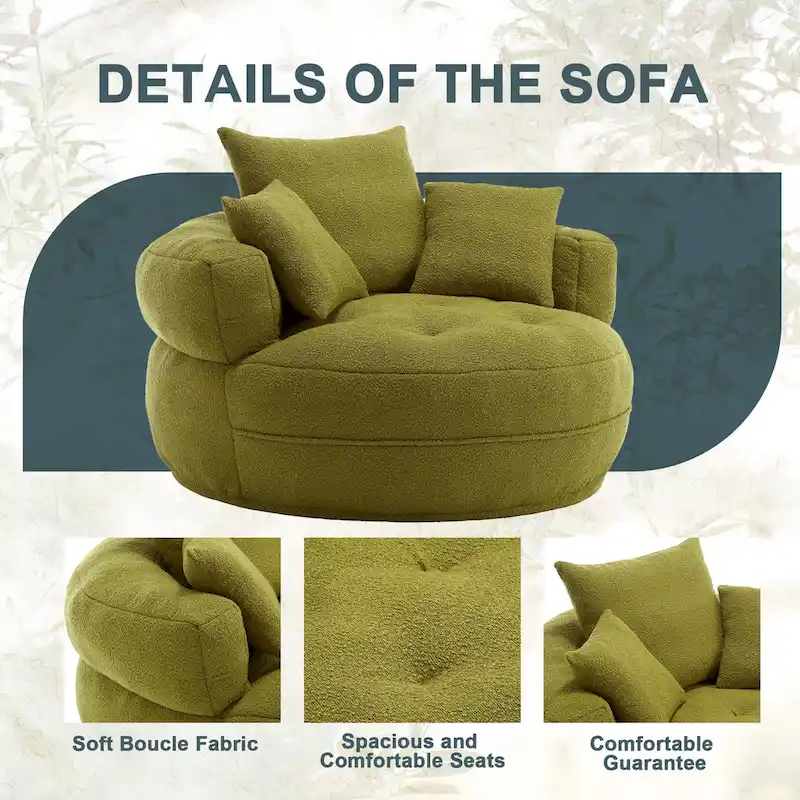 Boucle Upholstered Tufted Barrel Accent Living Room Chair With Toss Pillows