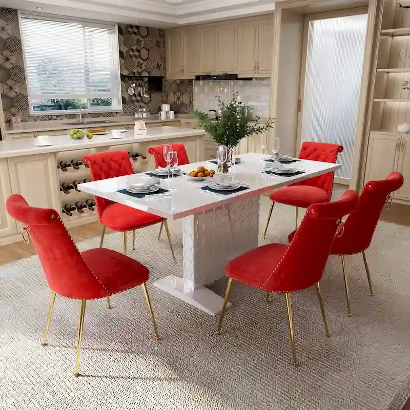 7-Piece Clihome High-gloss Extendable Table Velvet Chair Dining Set