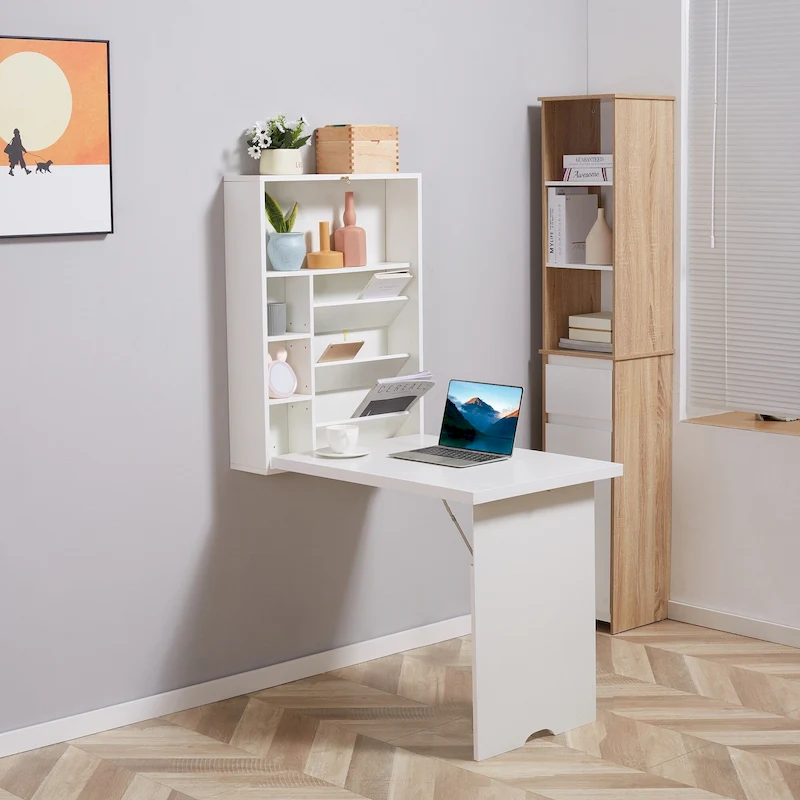 Modern Wall Mounted Foldable Desk with Adjustable Shelves and Ample Storage for Small Spaces and Home Offices