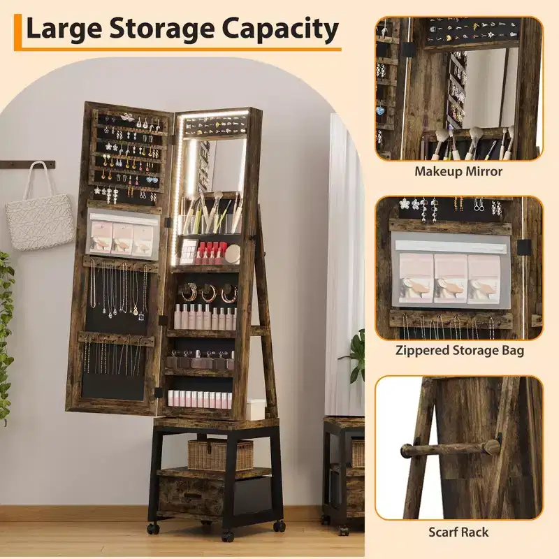 66 Full Length Mirror Jewelry Cabinet, Lockable Standing Armoire Organizer with Storage Drawer, Back Shelf, 360 Swivel Base & Wheels