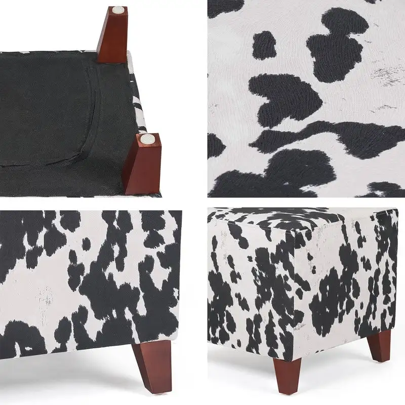 Adeco British Style Cow Print Cube Ottoman Home Bench Classy Footstool