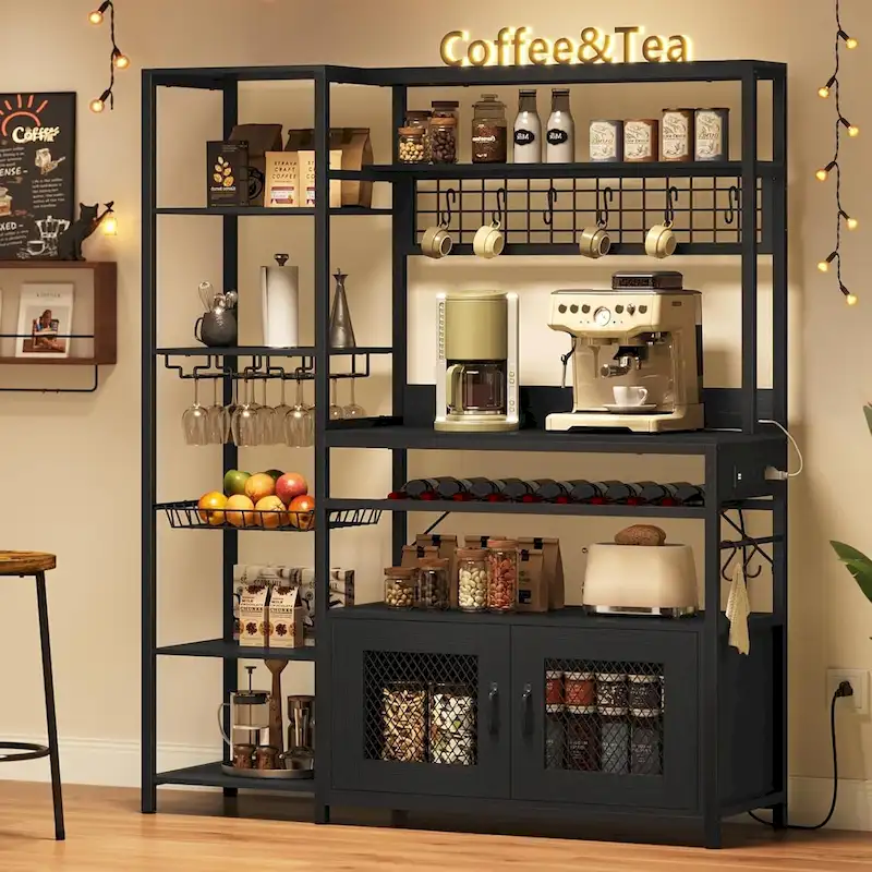47.2 in Bakers Rack with Power Outlet Coffee Bar with Cabinet