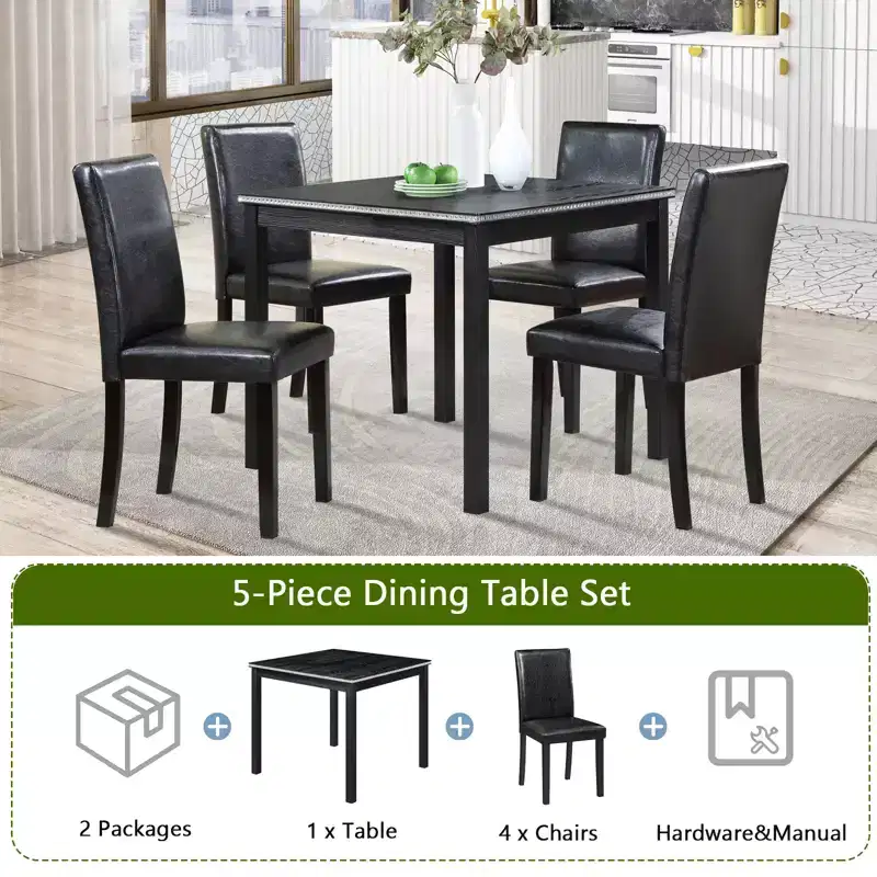 GDFStudio Jensen Modern 5 Piece Acacia Wood Faux Leather Upholstered Dining Chairs with Square Dining Table