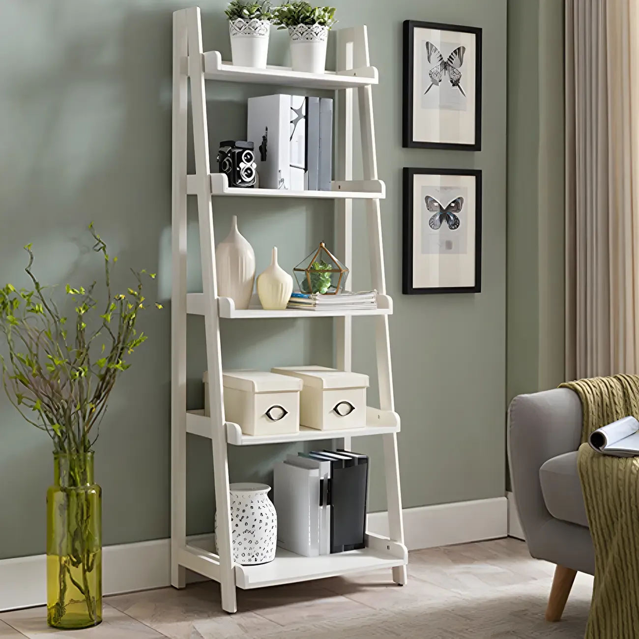 Narrow Wood Open Back Vertical Ladder Bookshelf