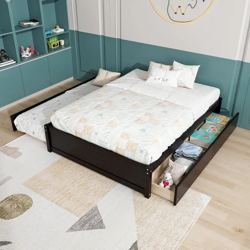 Full Bed Frame With Twin Trundle and 2 Drawers