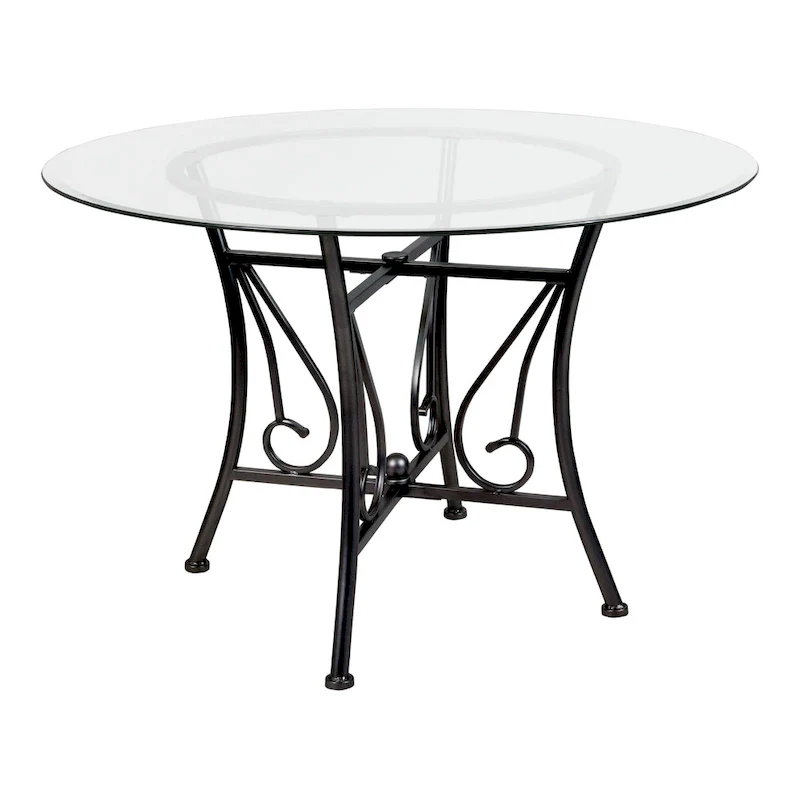 45 Round Glass Dining Table with Curl Accent Matte Metal Frame - 45W x 45D x 29H - 45W x 45D x 29H