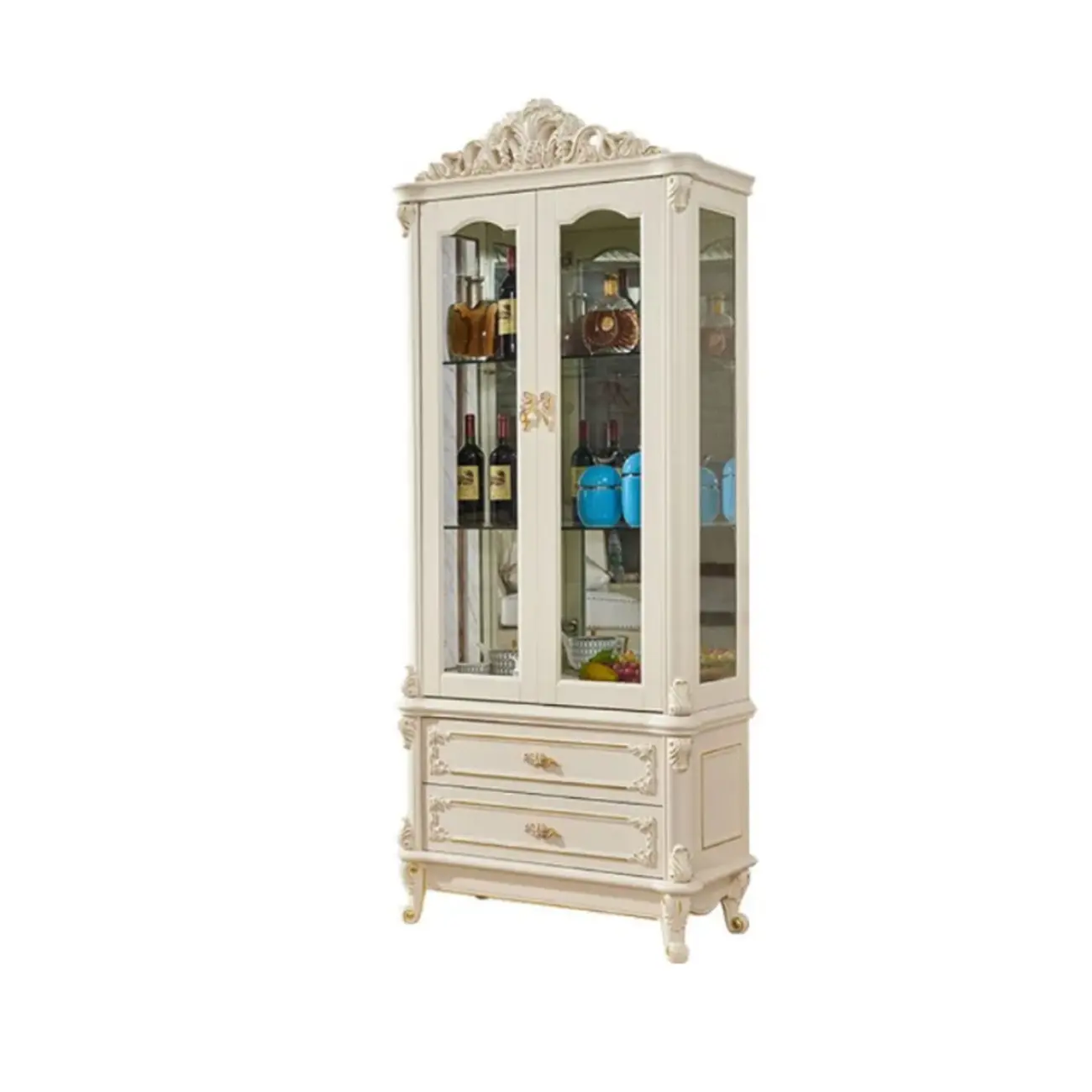Glam White Wooden Glass Curio Cabinet with Drawers