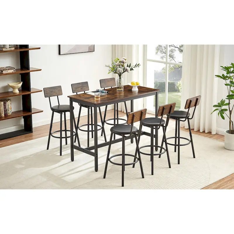 Rustic Style 7-Piece Dining Set with Rectangular Table and PU Leather Bar Chairs
